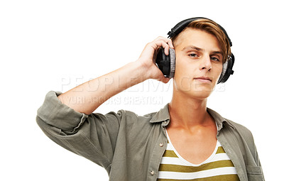 Buy stock photo Man, DJ and portrait with headphones for music, audio streaming, event or party against a studio background. Young male person or sound artist with headset for podcast, beats or radio track on mockup