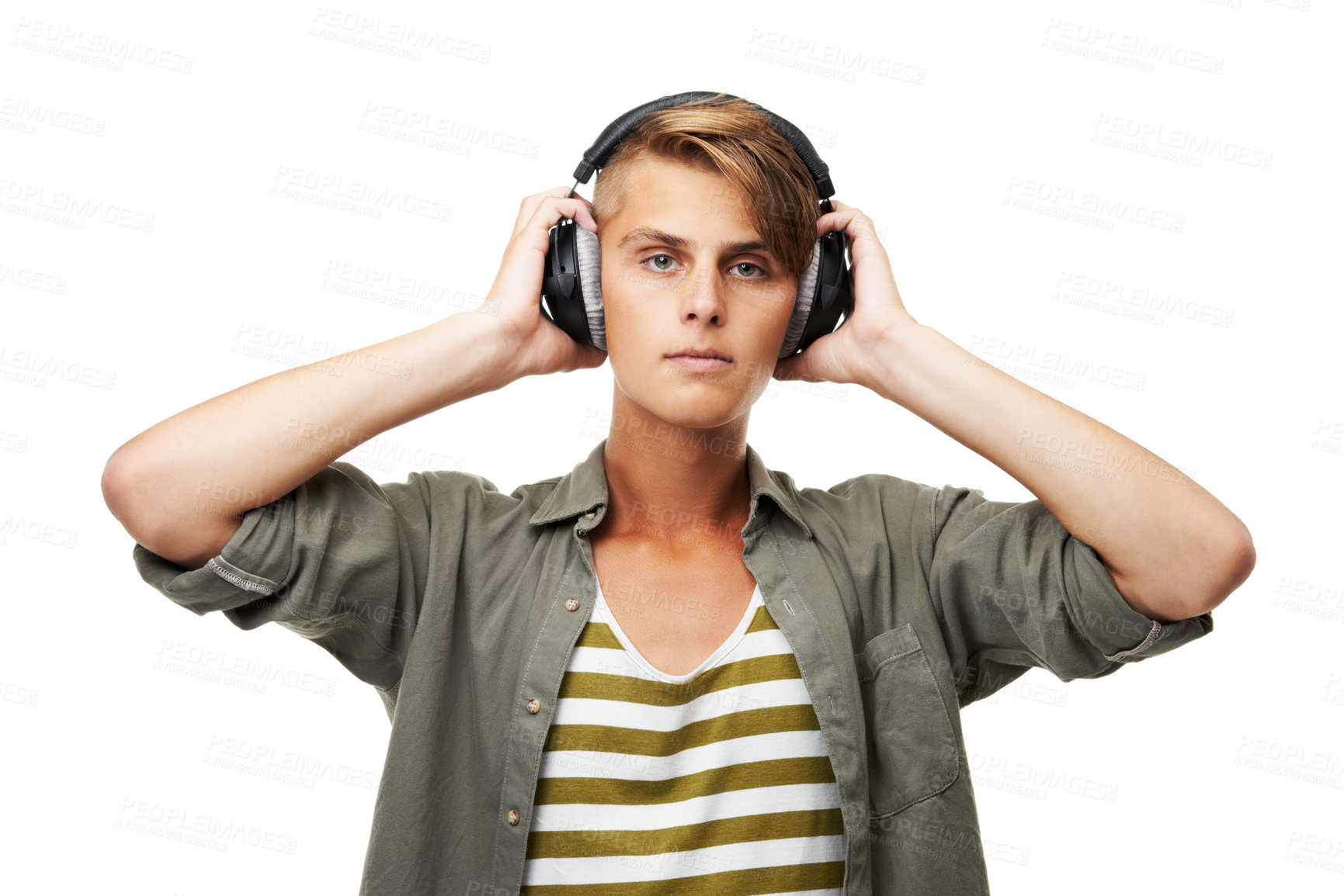 Buy stock photo Man, portrait and DJ with headphones listening to music for audio streaming against a studio background. Young male person or sound artist with headset for podcast, beats or radio track on mockup