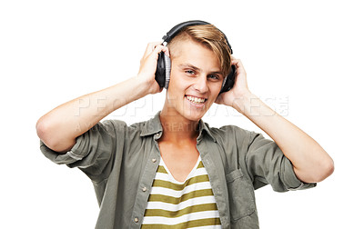 Buy stock photo Happy man, portrait and DJ with headphones or audio waves listening to music against a studio background. Male person or sound artist with headset in rhythm for podcast, beat or radio track on mockup