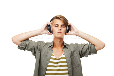 Buy stock photo Man, DJ and relax with headphones for audio streaming or listening to music against a studio background. Male person or sound artist with headset in rhythm for podcast, beat or radio track on mockup