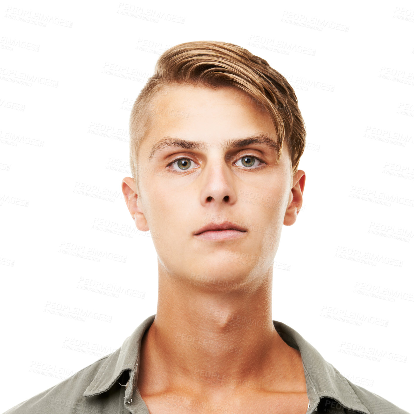 Buy stock photo Young man, portrait and face with hairstyle, serious or blank stare isolated against a white studio background. Attractive, Gen z or handsome male person or model looking with no facial expression