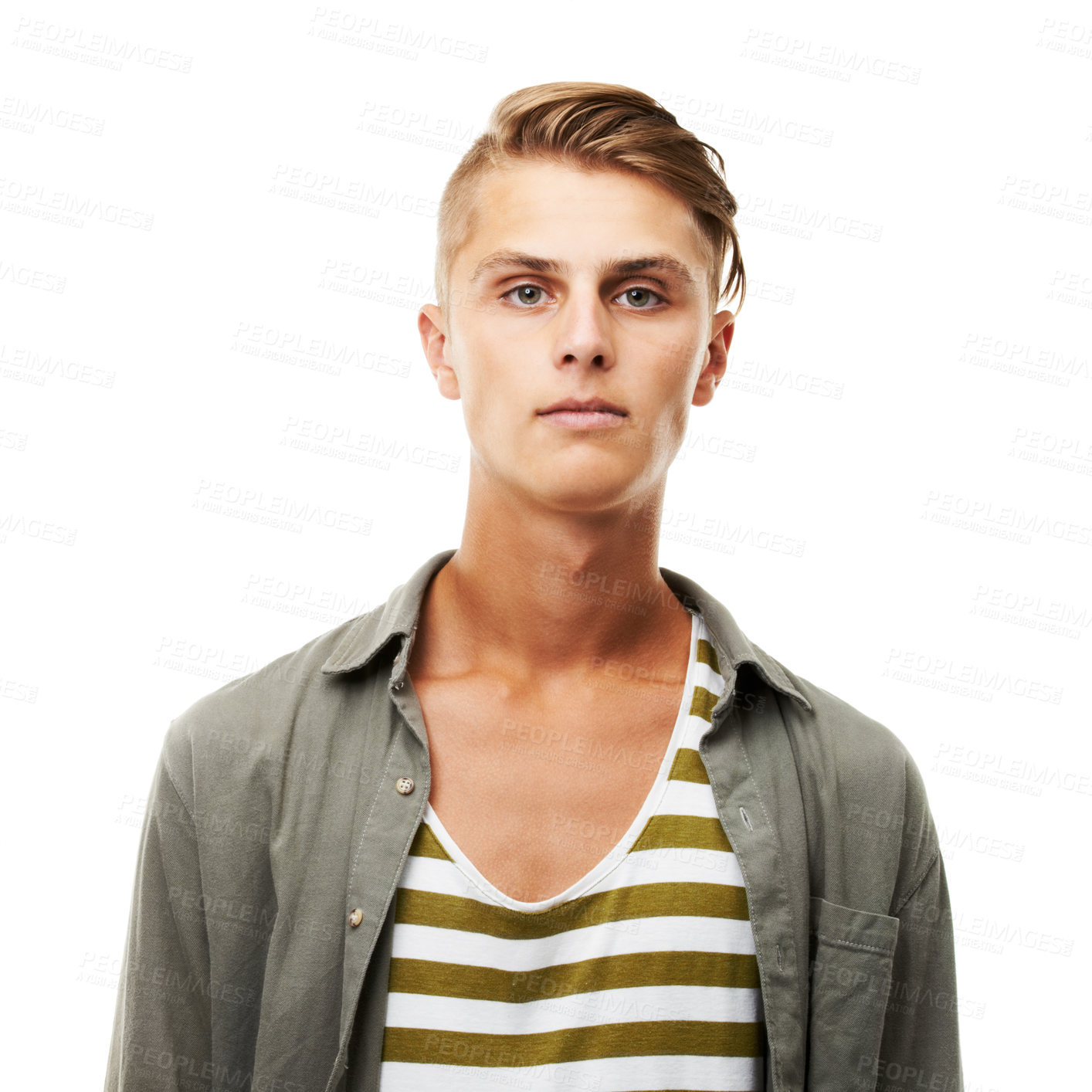 Buy stock photo Young man, portrait and face in fashion with hairstyle or blank stare isolated against a white studio background. Attractive, Gen z or handsome male person or model in stylish or casual clothing
