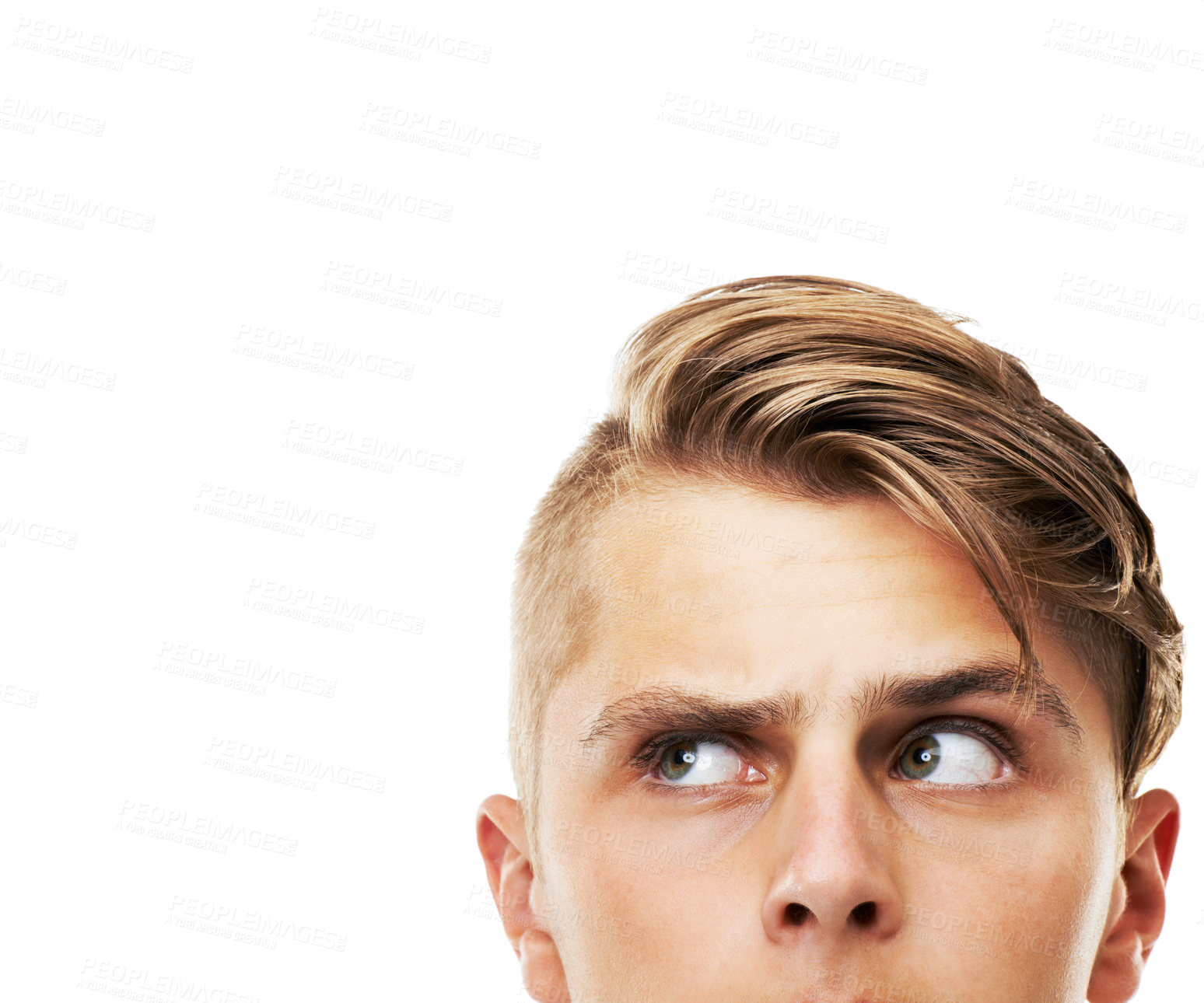 Buy stock photo Young man, head and thinking or looking up on mockup isolated against a white studio background. Cropped face of handsome male person, hipster or model in wonder or thought for ideas or solution