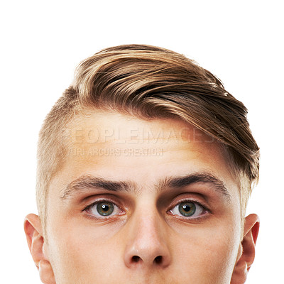 Buy stock photo Portrait, face and a man on a white background for vision, stare or looking with expression. Serious, smart and person or half headshot of a guy on a studio backdrop for cool or hipster attitude