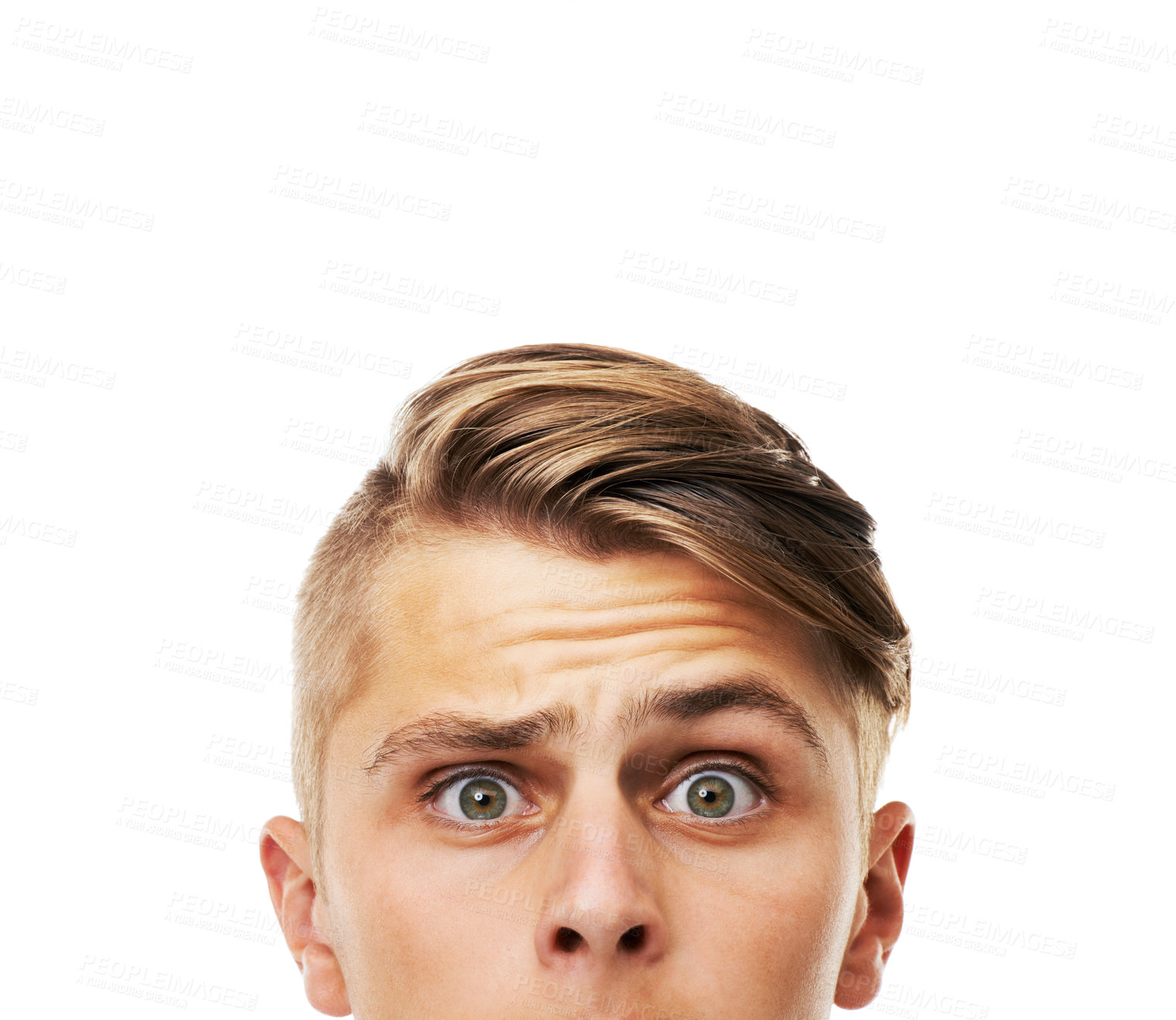 Buy stock photo Question, why and thinking face of confused man with doubt in problem solving in white background. Closeup, portrait and person with doubt for decision, ideas and emoji of surprise in studio mockup