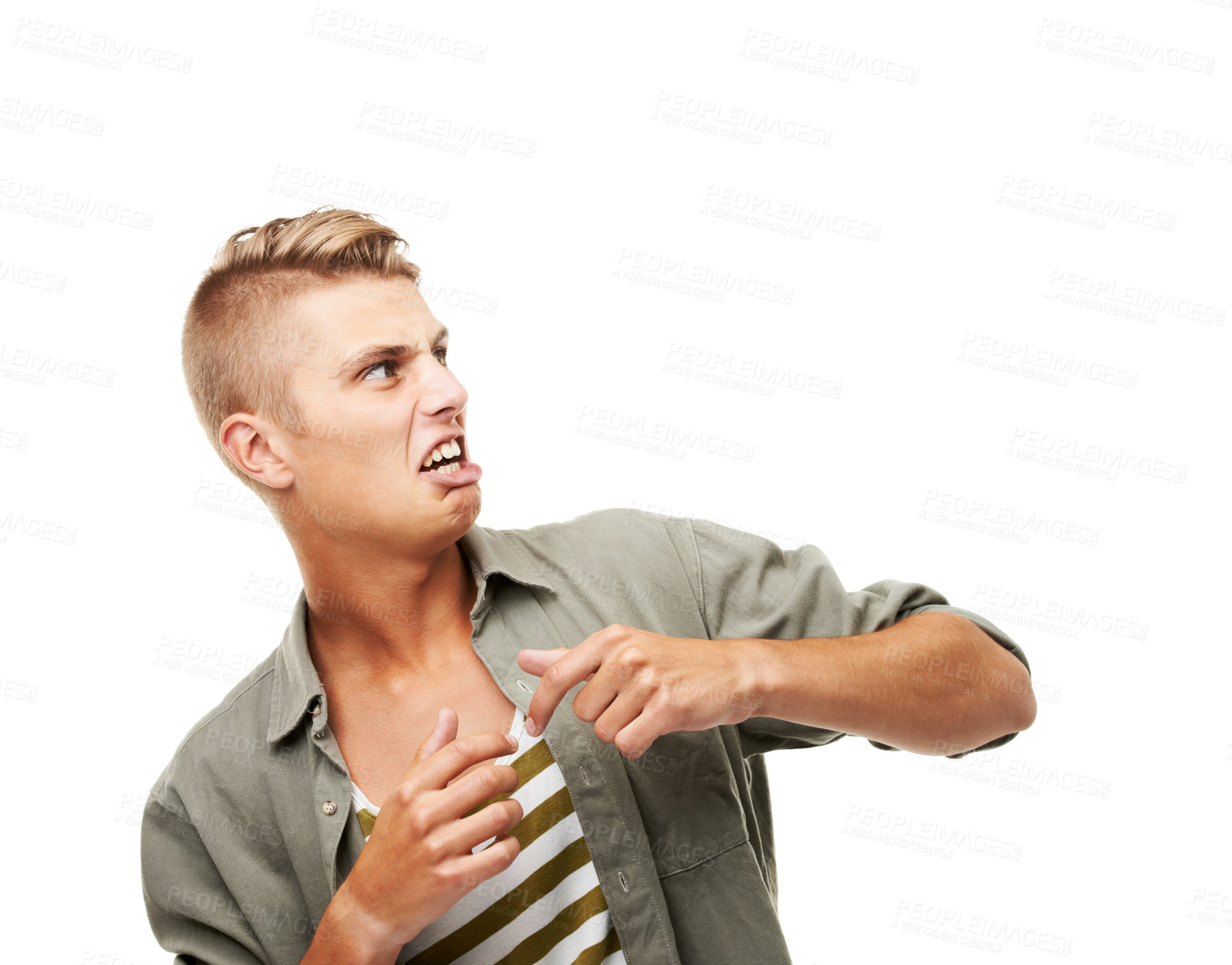 Buy stock photo Anger, frustrated and a man on a white background with fear, scared and horror expression. Mockup, anxiety and a person looking for danger, nightmare or disgust on a studio backdrop with space