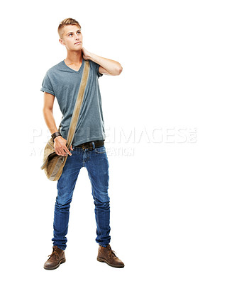 Buy stock photo Thinking, student and a man on a white background for education, learning or knowledge. Fashion, young person or a guy planning for college, university or scholarship studying on a studio backdrop