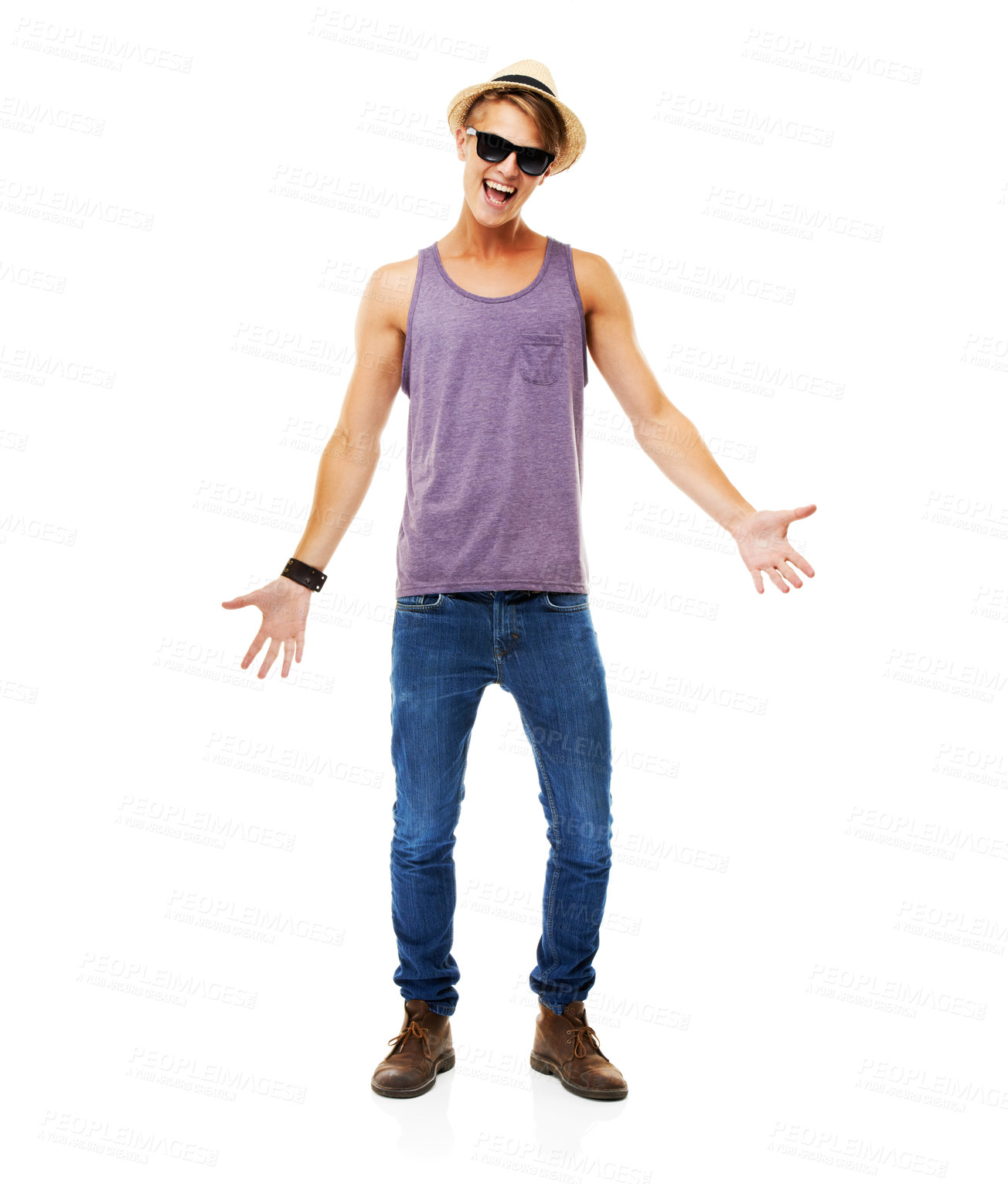 Buy stock photo Casual, fashion and portrait of man on vacation, holiday or happiness in sunglasses with hat. Happy, face or excited person in jeans and tshirt for weekend, break or hipster style in white background