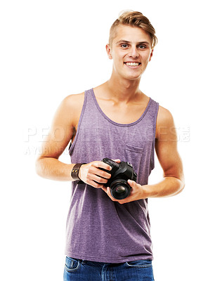 Buy stock photo Happy, photographer and portrait with a camera in studio, space and white background. Digital, photography and man with confidence, pride and creative work with videography, paparazzi or model