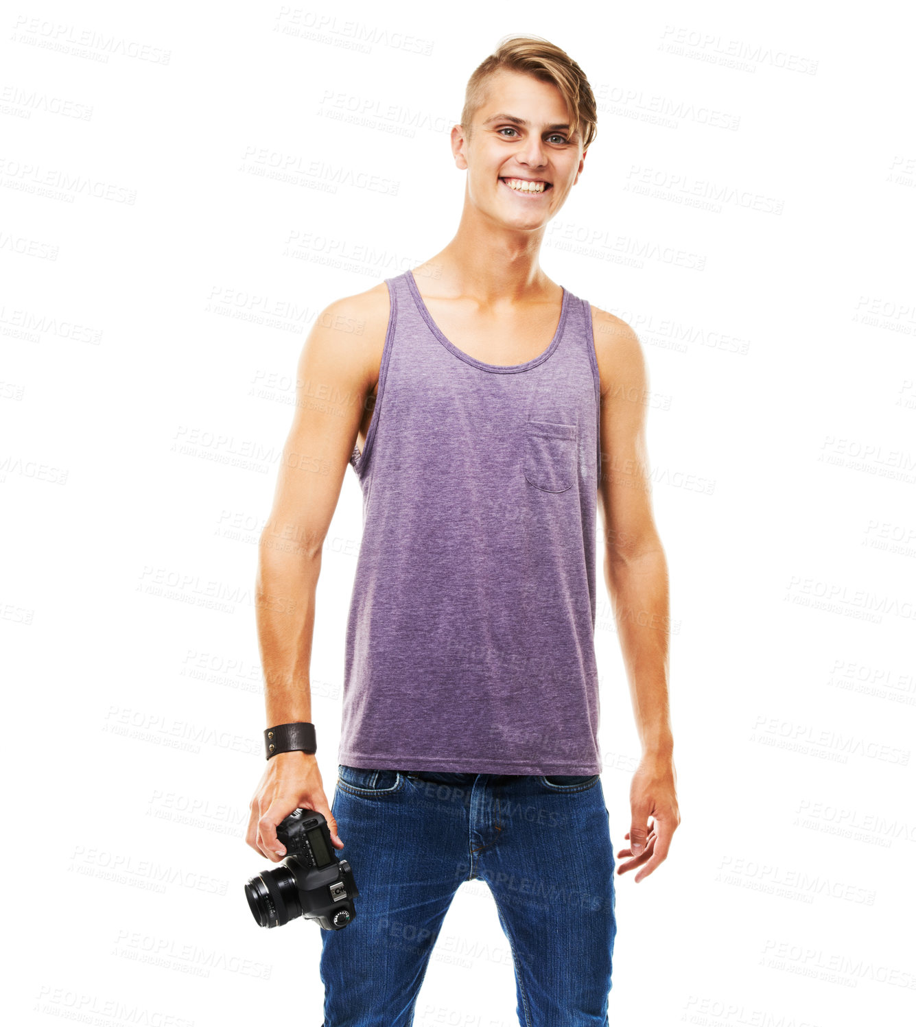 Buy stock photo Paparazzi, photographer and portrait with a camera in studio, space and white background. Digital, photography and man with confidence, pride and happy with creative work with videography or model