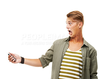 Buy stock photo Man, phone and shocked in studio for message, notification or internet text on white background with surprise. Person, smartphone and surprised for social media, technology and email with network