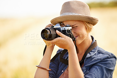 Buy stock photo Woman, camera and photography with travel, vacation and holiday with wheat field and plants. Nature, photographer and outdoor with traveler blog and countryside with photo for adventure and journey