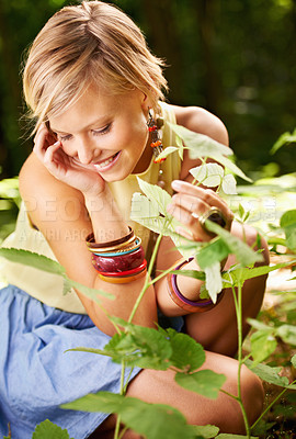 Buy stock photo Woman, garden and gardening with thinking, relax and calm outdoor in a forest with smile. Female person, grass and nature in summer with vacation and holiday with green woods with an idea in the sun