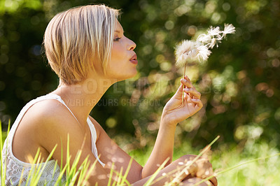 Buy stock photo Dandelion, outdoor or woman with nature, wish or summer with hope, forest or vacation. Person, park and girl with magic in a garden, dream or holiday with travelling, adventure or spring with fantasy