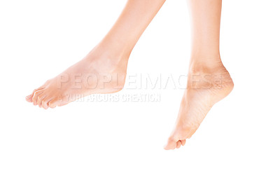 Buy stock photo Feet, beauty and pedicure with skincare in studio, person with spa treatment and wellness on white background. Skin, glow and dermatology with natural cosmetics, grooming and hygiene with body care