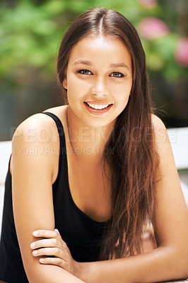 Buy stock photo Portrait, smile and woman relax at garden on holiday, vacation and summer travel on trip for freedom. Face, happy person and girl at park, nature or outdoor for beauty, health and wellness in Spain
