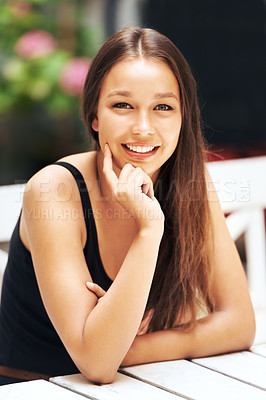 Buy stock photo Woman, smile and portrait at table or travel weekend, outdoor morning or relax rest. Female person, happy face or confident comfort or tourist holiday for summer look, vacation style in garden park