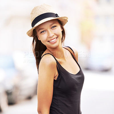 Buy stock photo Woman, portrait and fashion or street travel style, summer look for weekend vacation. Female person, tourist and face hat for sunshine city road walking or outdoor adventure, relax or holiday clothes