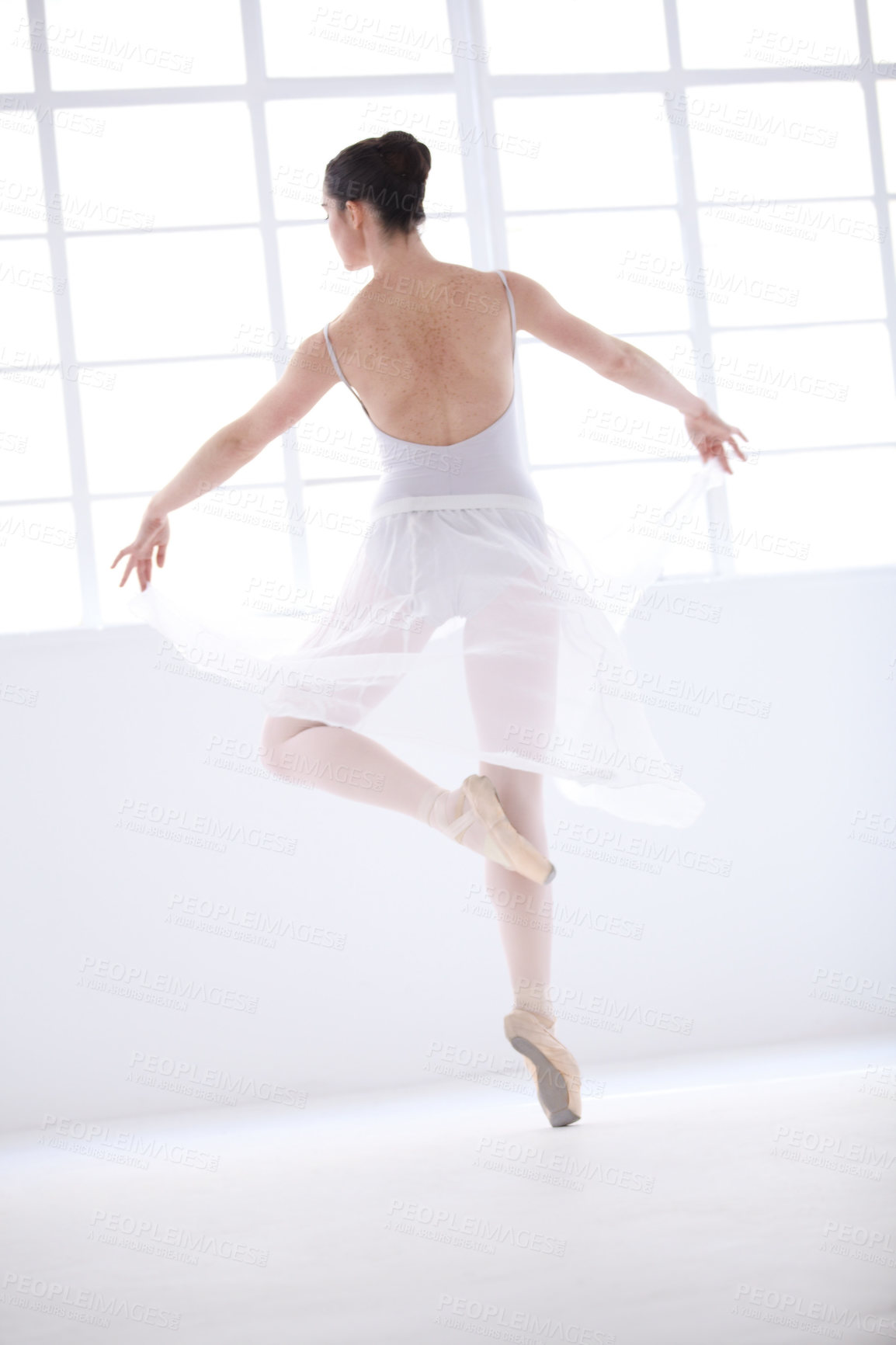 Buy stock photo Dance, ballet and training with woman in studio for balance, elegant and performance. Artist, theatre and creative with female ballerina dancing in class for competition, freedom and commitment