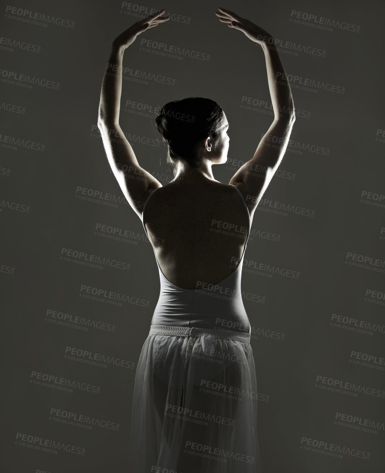 Buy stock photo Art, silhouette and back of a ballet dancer in a studio with elegant posture, pose or position. Creative, monochrome and female ballerina doing a classical dance or performance by a black background.