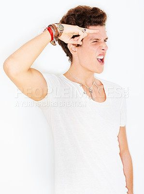Buy stock photo Man in casual fashion in studio with salute, crazy face and urban style and rebel youth attitude. Greeting hand gesture for attention, streetwear and gen z male model standing on white background.