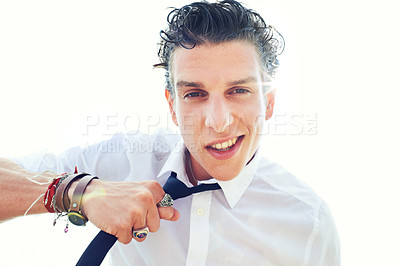 Buy stock photo Portrait, man and energy with necktie, smile and punk isolated on a white studio background. Face, person and model with jewelry, fashion and stylish clothes with edgy outfit, trendy and fun