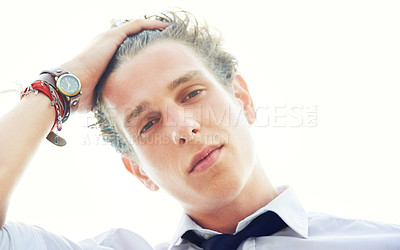 Buy stock photo Portrait of man with hand on hair, fashion and confidence on white background with attractive young businessman. Cool business style, modern creative and natural face of handsome male model rebel.