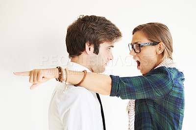 Buy stock photo Couple, screaming and fight, divorce and pointing in studio isolated on white background. Woman shout, breakup and man frustrated, angry at relationship fail or cheating, stress and marriage conflict