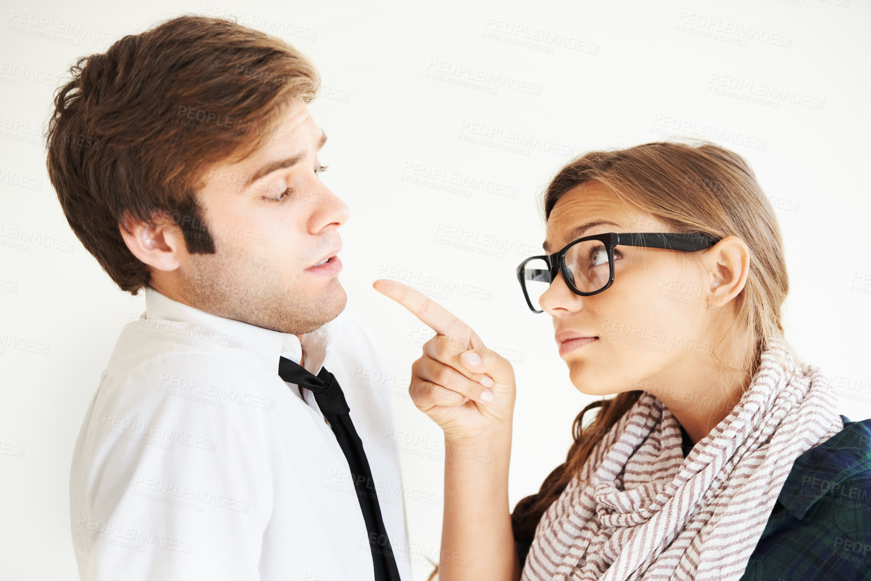 Buy stock photo Angry, man and a woman pointing for communication, fight or conflict in the relationship. Partner, gesture and a couple in a conversation, scared and argument with fear, talking and toxic problem