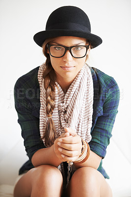 Buy stock photo Portrait, hat and woman in glasses for fashion isolated on a white wall background. Trendy, eyewear and confident girl, model and attractive person in style, cool clothes and beauty in Switzerland