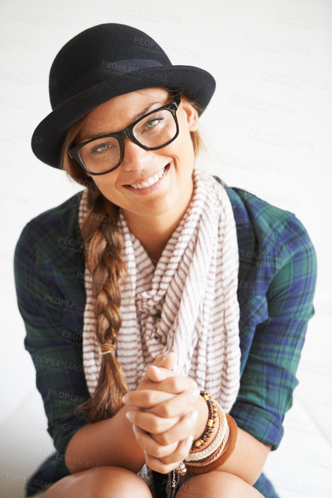 Buy stock photo Portrait, hat and happy woman in glasses for fashion in studio isolated on white background. Face, eyewear and confident girl, smile of model or person in style, cool clothes and scarf in Switzerland