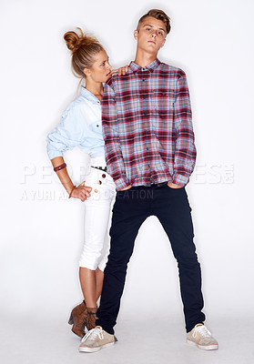 Buy stock photo Fashion, couple and clothes with style and people, trendy and stylish isolated on white background. Young, serious man and woman model in a studio with casual clothing, beauty and pose together