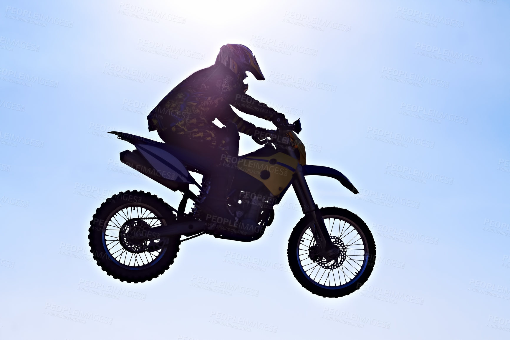 Buy stock photo Man, motorcycle or bike jump air as professional rider in danger competition, fearless or race. Male person, off road transportation or fast speed dirt adventure or rally, challenge or extreme sport
