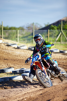 Buy stock photo Person, motorcycle and dirt race track competition as 
professional in action, danger or fearless risk. Bike rider, off road transportation or fast speed adventure rally, extreme sport on sand path