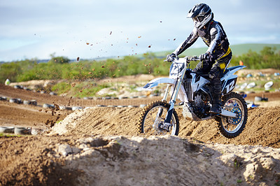 Buy stock photo Man, motorcycle or off road race track jump as professional person in action danger, competition or fearless. Bike rider, transportation or fast speed adventure or rally, extreme sport or challenge