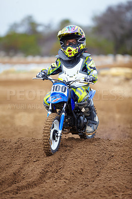 Buy stock photo Sports, sand and motorbike for action, challenge or competition with power and fitness. Speed, performance and desert with bike for race or adventure in outdoor with freedom or fearless driving.