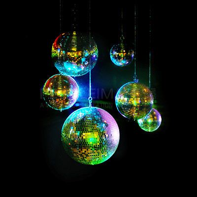 Buy stock photo Awesome image of kaleidoscopic-looking disco balls hanging against a black background