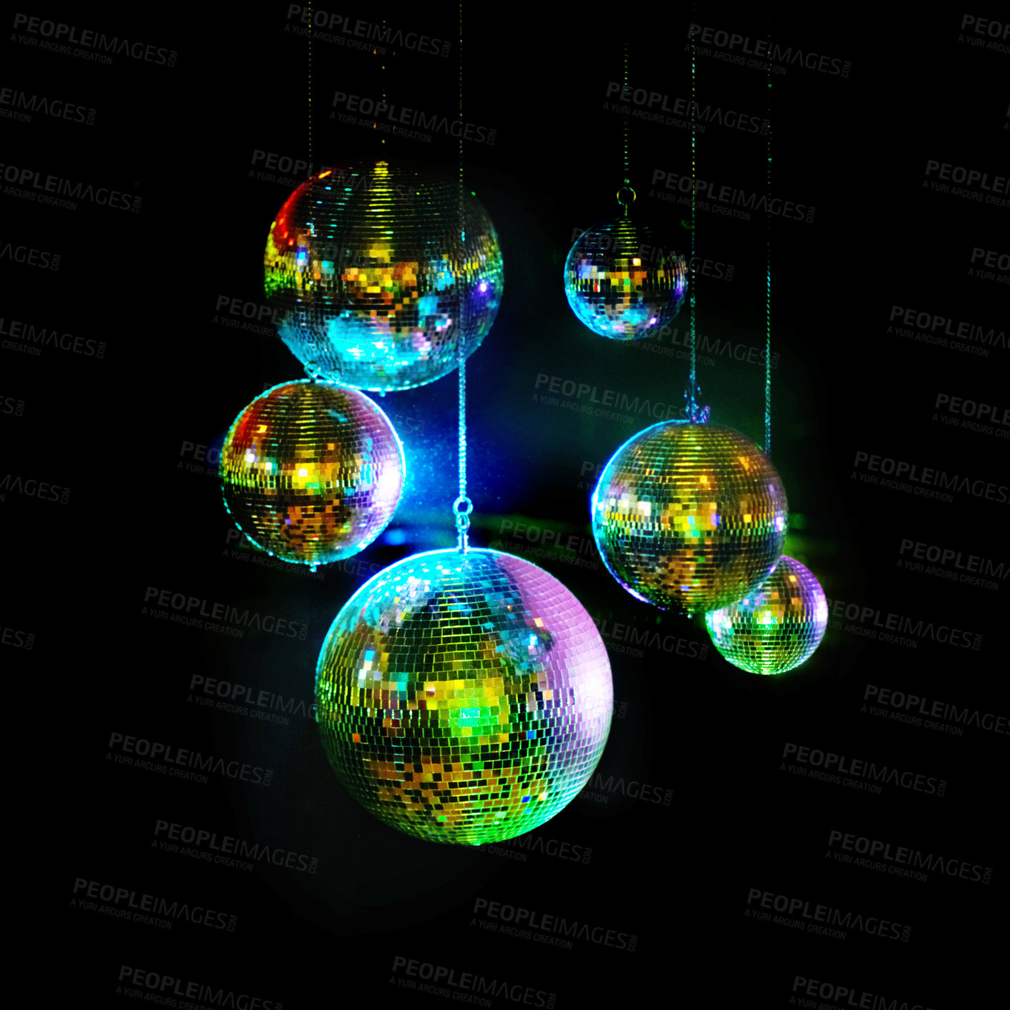 Buy stock photo Awesome image of kaleidoscopic-looking disco balls hanging against a black background