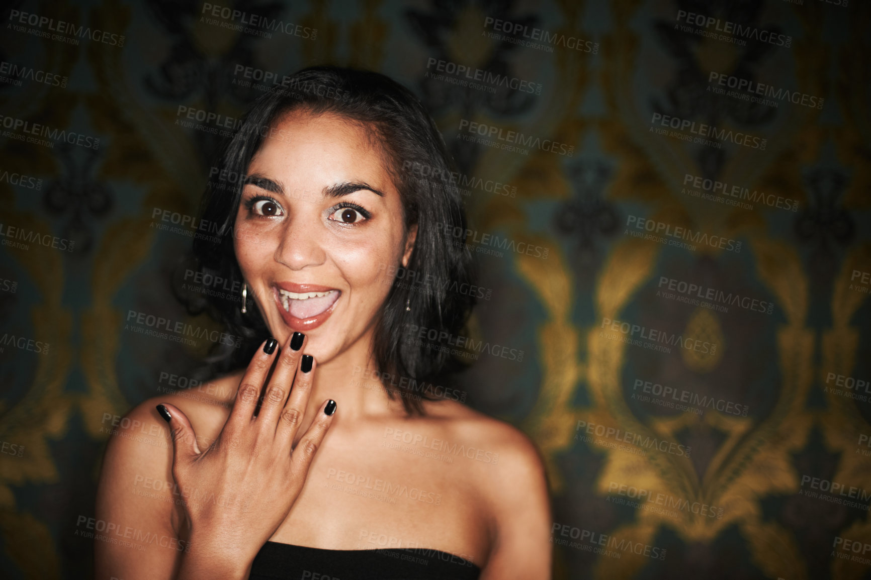 Buy stock photo Woman, surprise and face with portrait in club, shock and happy for good news, announcement and fun. Mexican female person, wow and omg for gossip, secret and drama at night, wtf and emoji at party