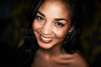 Buy stock photo Woman, happy and portrait in dark club, fashion and fun clothing or elegant aesthetic. Mexican female person, smile and beauty of face, freedom and positive at event, party and social gathering