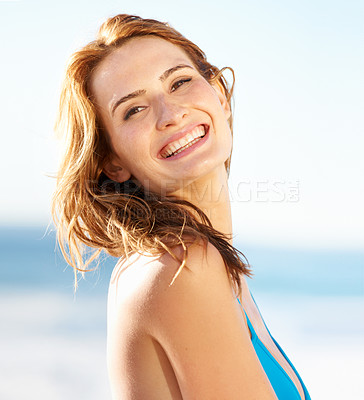 Buy stock photo Woman, portrait and bikini sea smile for holiday vacation, ocean swimming or weekend sun. Female person, face and bathing suit for fresh beach air or relax peace, vitamin d or summer trip waves