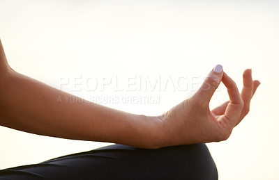 Buy stock photo Closeup, woman and hand for yoga with meditation for wellness of health, mindset or zen with peace. Female person, fingers or half lotus pose for chakra, breathing or relaxing for practice by outdoor