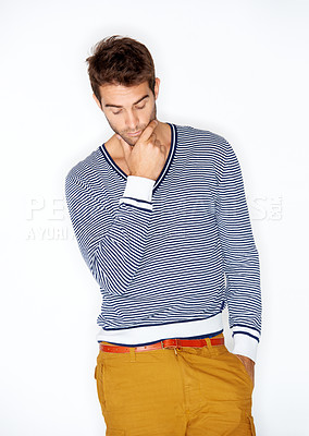 Buy stock photo Fashion, clothes and cool with a man in studio on a white background for trendy hipster style. Model, natural and casual with a confident young person in a clothing outfit to relax for comfort