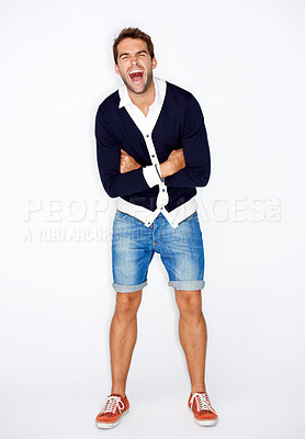 Buy stock photo Portrait, fashion and a man in studio, shouting on a white background with his arms folded for style. Energy, passion and a confident young employee screaming or yelling in a trendy clothes outfit