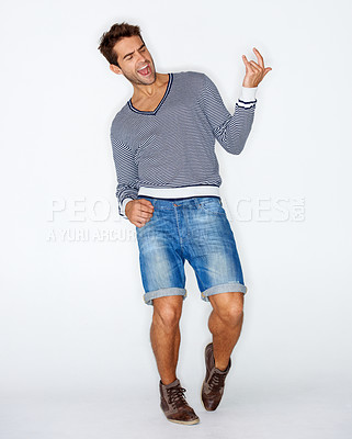 Buy stock photo Portrait, rock and a man with air guitar for music, creative or acting as a musician. Cool, fun and a guy, person or artist playing an instrument with imagination for a concert on a white background