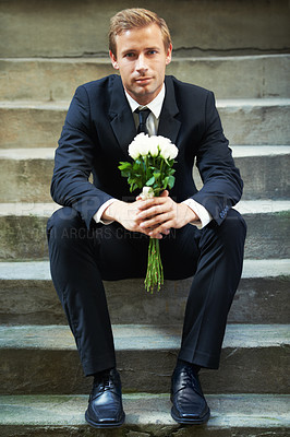 Buy stock photo Stairs, portrait and man with flowers for valentines day, romance or gesture while sitting outdoors. Roses, face and gentleman with bouquet for love, anniversary or first date, confident and handsome