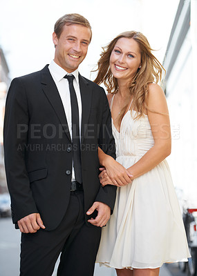 Buy stock photo Valentines date, love and couple portrait with a smile ready for romance and happiness on a street. Suit, smile and happiness of a fancy woman and man together with care on dates for engagement