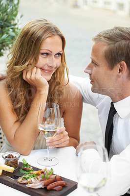 Buy stock photo Love, food and wine, couple on date for valentines day, luxury occasion to celebrate romance and happy relationship. Valentine, man and woman eating and drinking in elegant restaurant or Paris cafe.