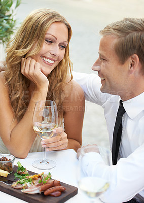 Buy stock photo Love, food and wine, couple on valentines day date, luxury occasion to celebrate romance and happy relationship. Valentine, man and woman eating and drinking in elegant romantic restaurant in Paris.