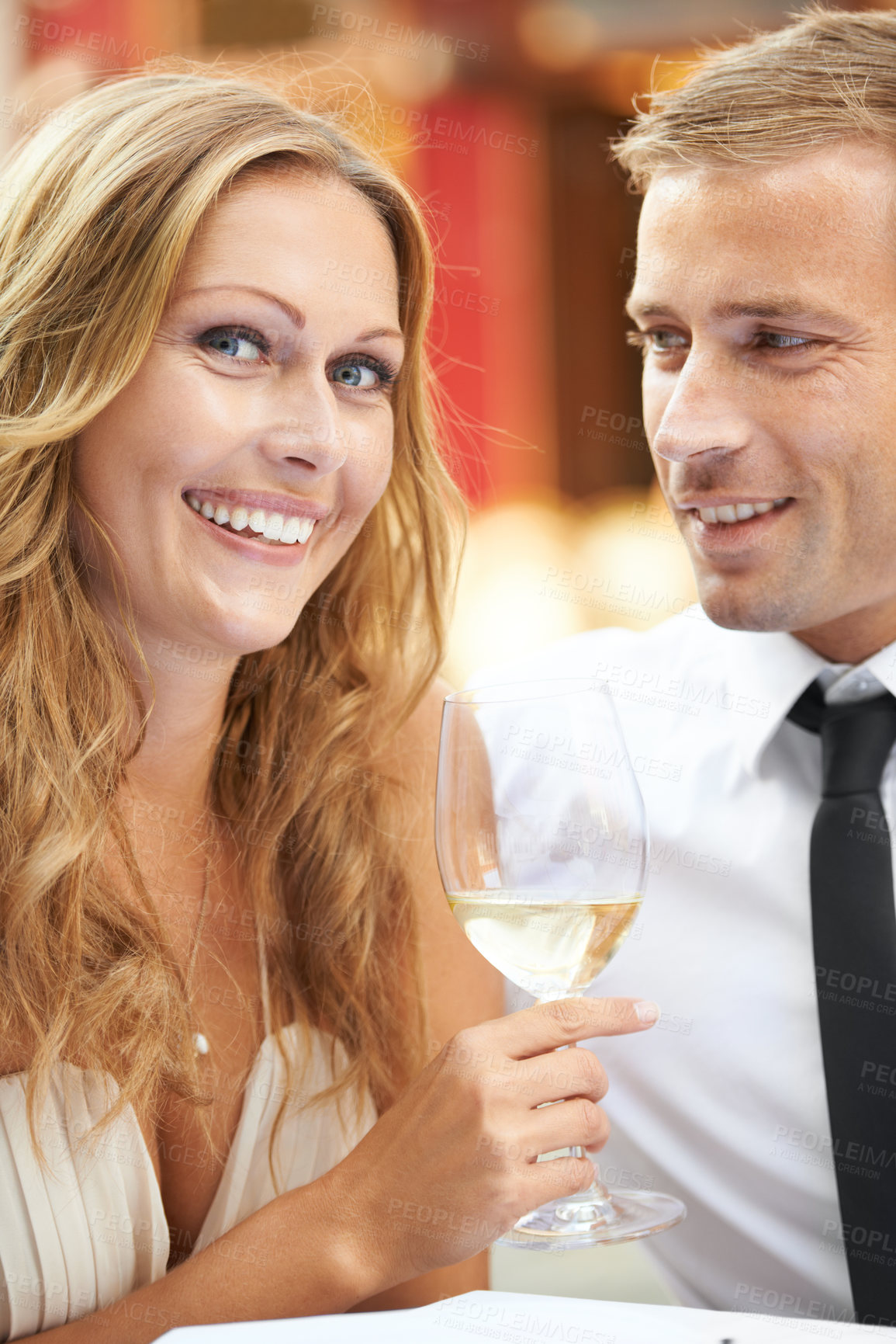 Buy stock photo Love, couple and champagne for celebration, happiness and achievement outdoor, romance and joyful. Portrait, man and woman with alcohol, wine glass and Valentines day date, relationship and smile